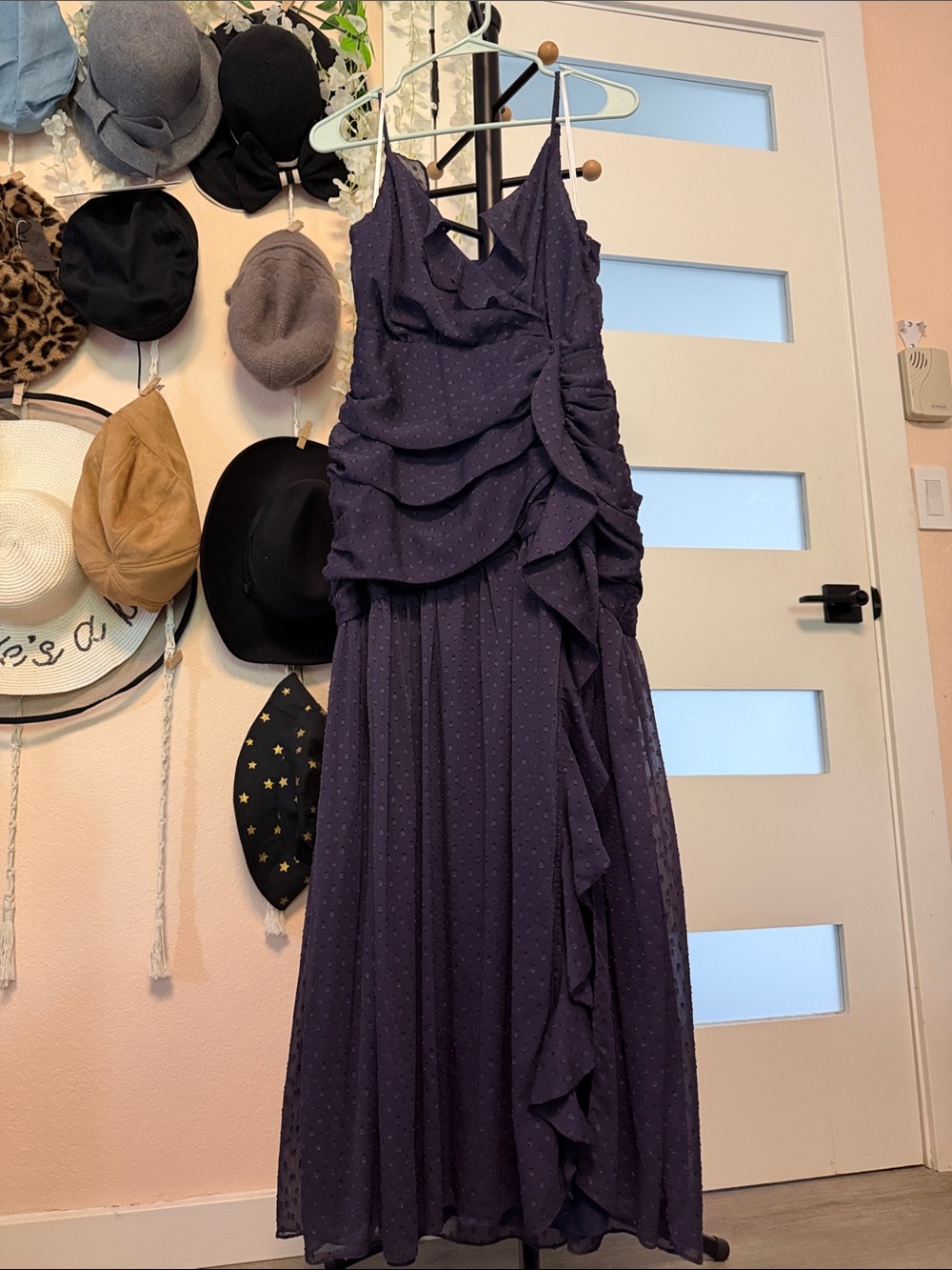 Elegant Purple Navy Ruffle Midi Dress -